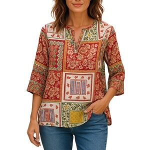 Piko 1988 Boho Patchwork Floral‎ Cotton Top 3/4 Sleeves Women Size Medium